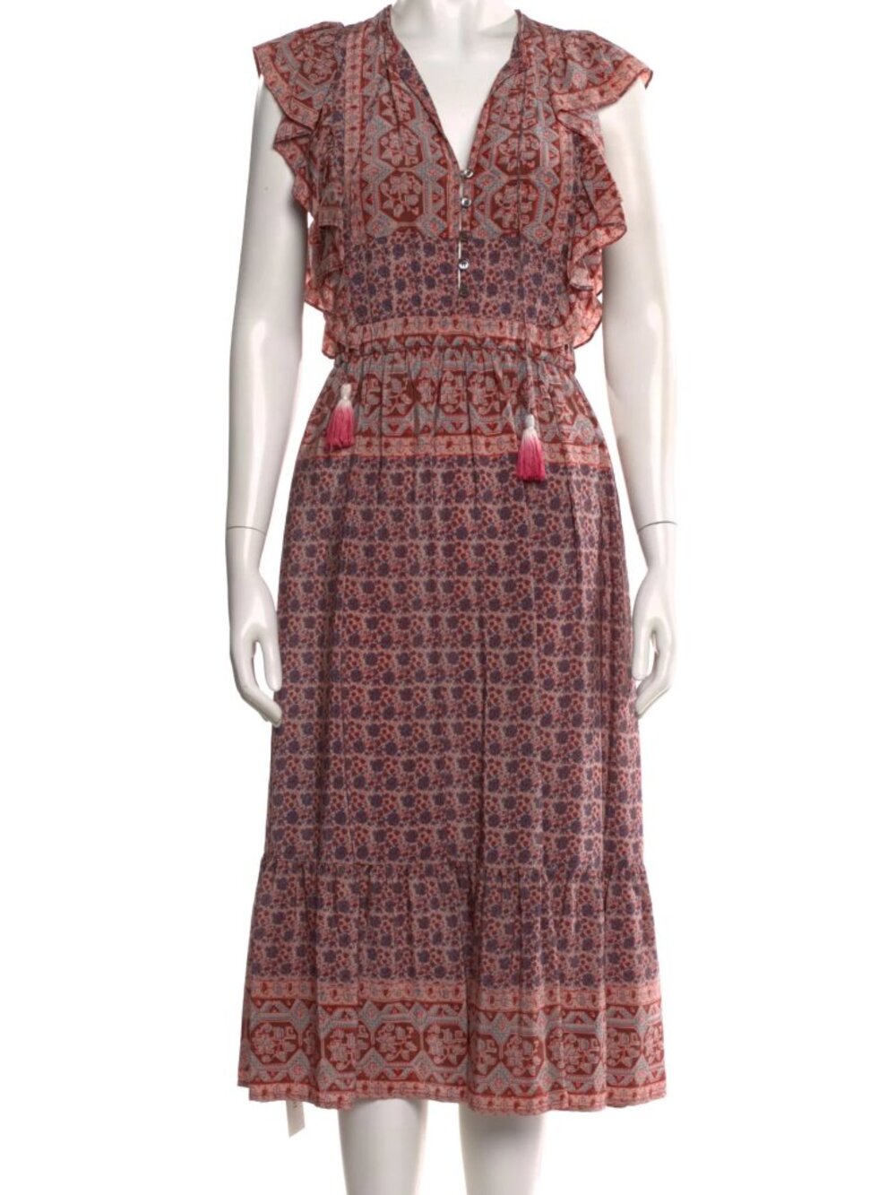 Sea New York Silk A-Line Dress Red Floral Print Ruffle & Tassel Accent Size 0